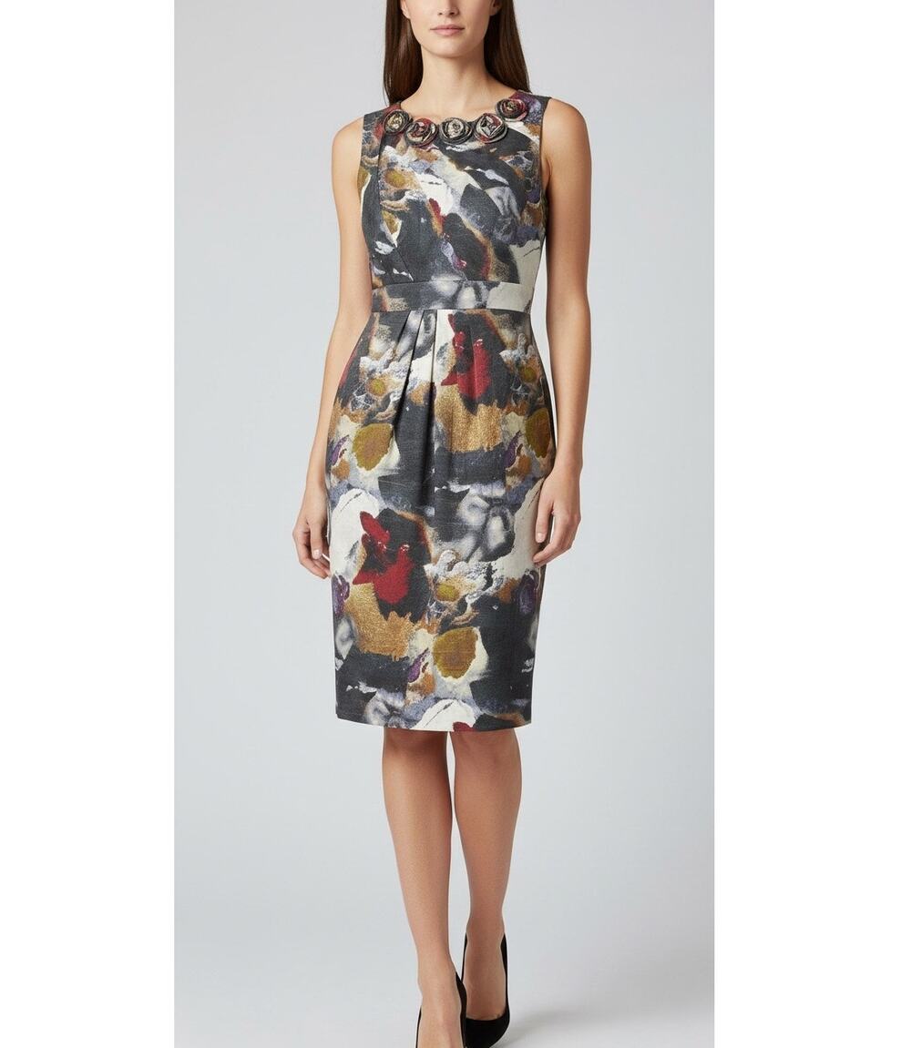 Adrianna Papell rosette neckline moody colors midi dress